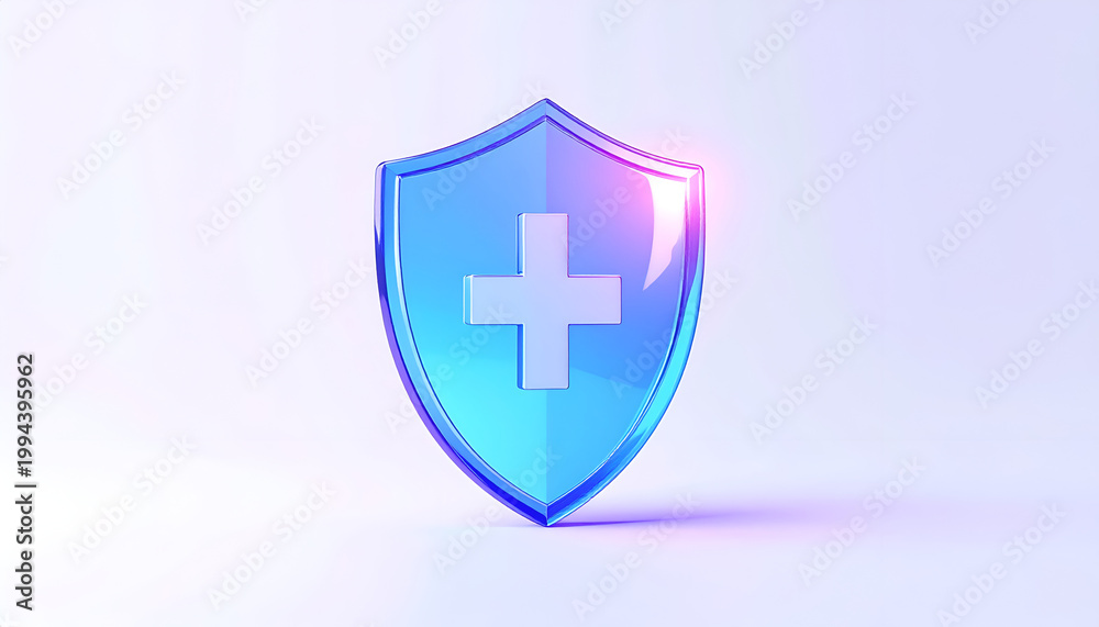 Obraz premium A vibrant blue shield with a white medical cross symbol glows against a soft, gradient background, representing protection and healthcare.