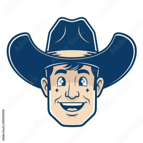 Foto Smiling Cowboy Mascot Head, Western Character, Cartoon Style
