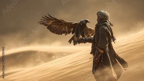 Man with eagle in desert landscape