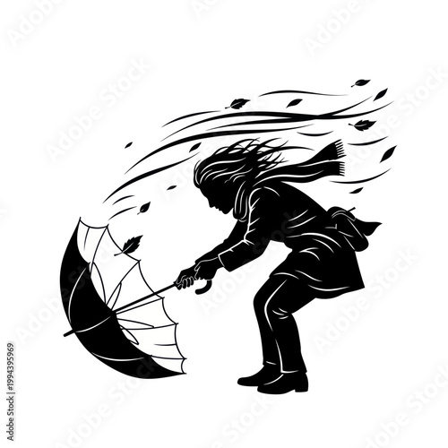 Woman battling strong wind with umbrella, leaves blowing