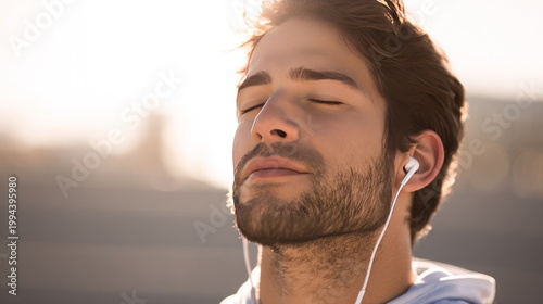 Man with earphones relaxing in sunlight
