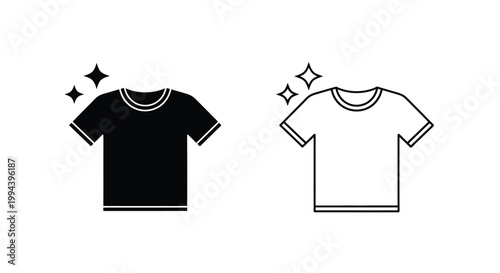 Simple black and white vector illustration showing clean t shirt icons with sparkling effects representing laundry service or fresh clothing for fashion branding design projects