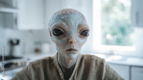 photorealistic humanoid visitor portrait in a modern kitchen interior, close-up headshot of an extraterrestrial with large eyes