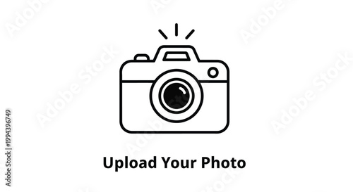 Minimalist vector graphic illustration of a digital camera icon designed for web interface buttons that prompt users to upload their personal images to a platform