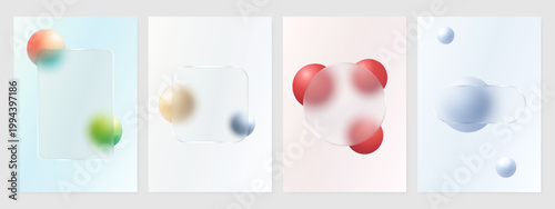 Set of four glassmorphism poster templates with translucent panels and gradient spheres