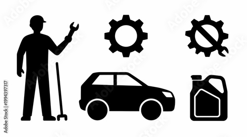 Set of car service icons, mechanic with wrench, gear, car and oil bottle, vector illustration