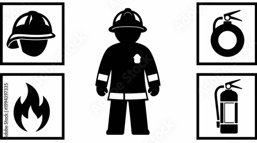 Firefighter icon set with fire extinguisher, helmet and flame symbol