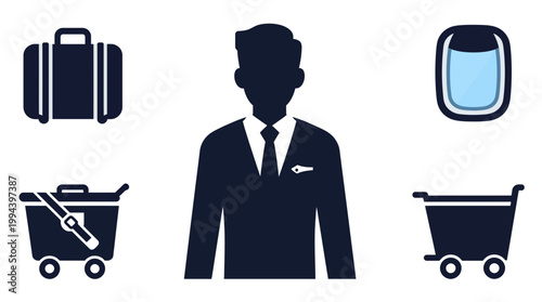 Set of travel and aviation icons featuring a flight attendant silhouette, suitcase, airplane window, and luggage trolleys flat vector illustration for airport and tourism concepts