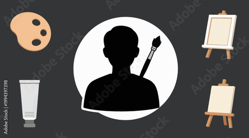 Artist icon with painting tools, including a palette, paintbrush, paint tube, and easels, representing creativity, art education, and professional painting services