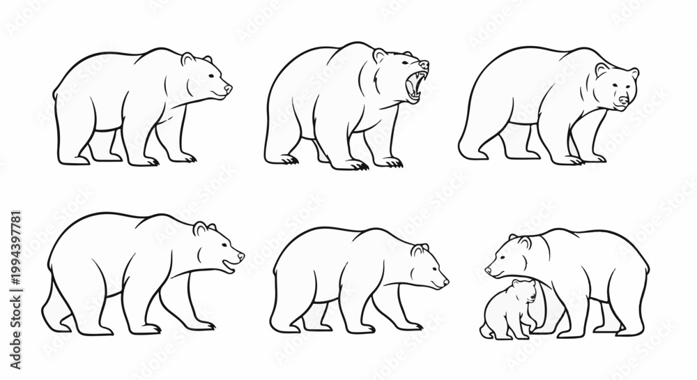 Fototapeta premium Six line drawings of bears in various poses, including a mother and cub