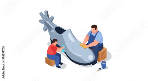 Shoemakers Working Together to Polish and Repair a Large Shoe.