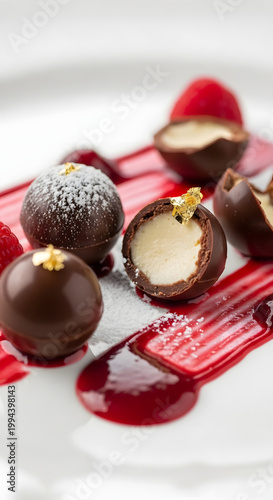 Gourmet Chocolate Truffles with Raspberry Coulis and Edible Gold Leaf, a Luxurious Dessert Presentation