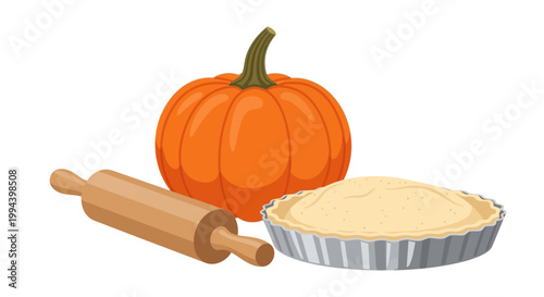 A vibrant orange pumpkin sits beside a golden pie crust in a tin, with a wooden rolling pin resting nearby, evoking the essence of autumn baking and harvest season
