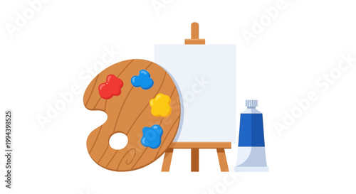An art easel with a palette of paints and a tube of blue paint, symbolizing creativity and artistic expression for hobbyists and professionals alike