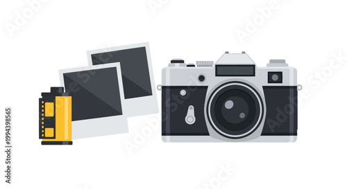 Classic vintage camera, film roll, and instant photos on a white background, representing the art of photography and memories