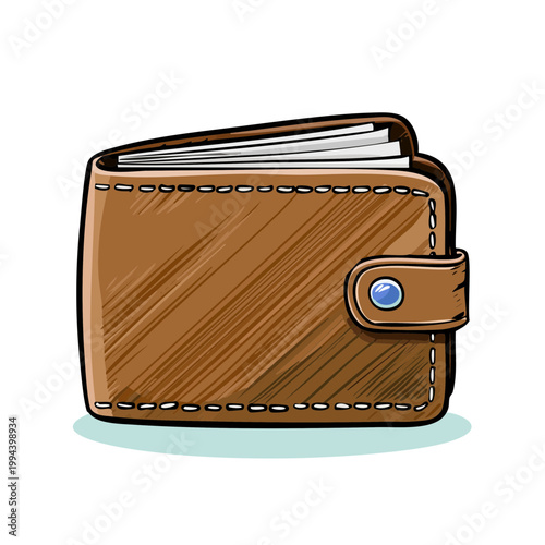 Brown leather bifold wallet with a snap closure and visible paper inserts