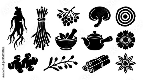 Traditional Chinese Medicine Herb Silhouette Set – TCM Natural Remedies and Herbal Ingredients Icons Collection