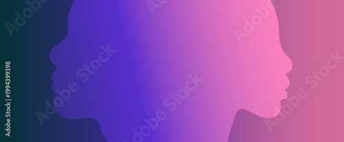 男女の横顔シルエットが向かい合うグラデーション背景の対話コンセプトイラスト素材