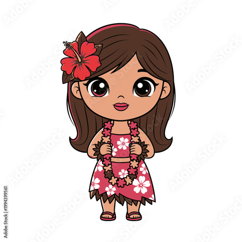 Cute Hawaiian Girl Character with Flower Lei and Hibiscus.