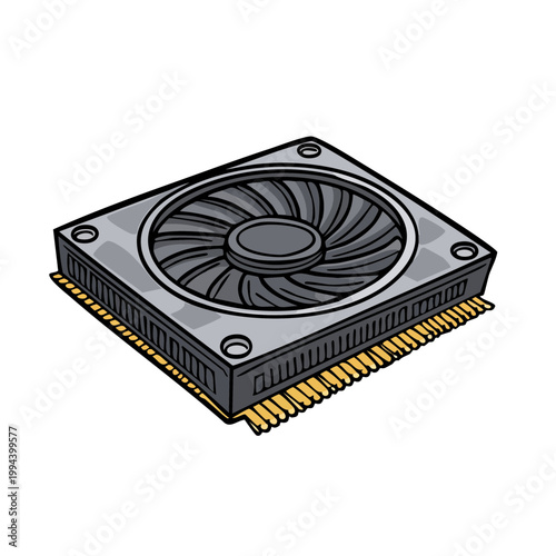 Computer graphics processing unit with cooling fan illustration isolated on white background