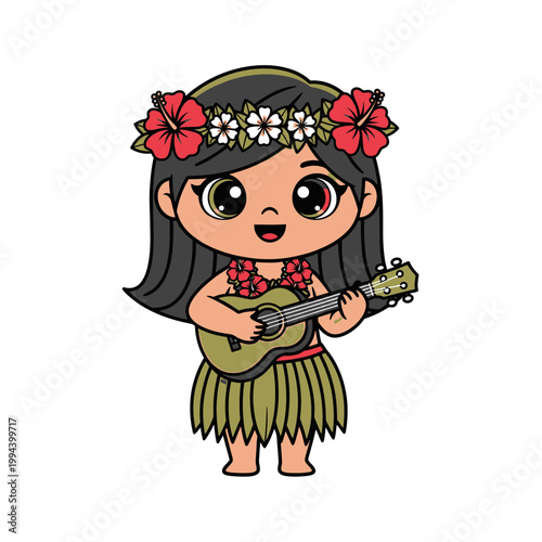 Cute Hawaiian Girl Playing Ukulele with Flower Lei.