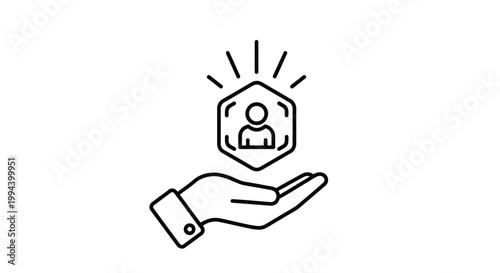 Minimalist vector graphic design showing a stylized human icon held within an open hand shape representing professional recruitment and talent acquisition services for modern digital businesses