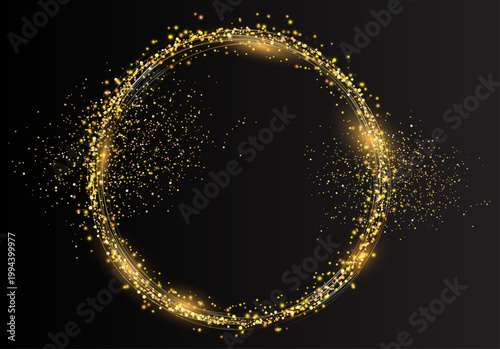 黒背景に金色の光粒子が円環状に広がり中心に空間を持つ華やかで幻想的な高級感あふれるリングフレーム素材