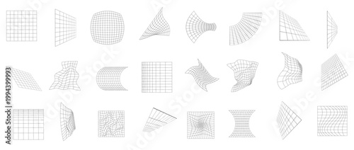 多様な変形と歪みを持つワイヤーフレームグリッドの抽象セット 幾何学的メッシュとサーフェス変形を表現したモノクロデザイン素材