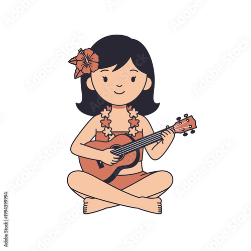 Cute Hawaiian Girl Playing Ukulele with Flower Necklace 1.