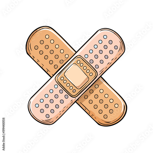 Two crossed adhesive bandages for wound care and first aid, illustrated in a vintage comic book style.
