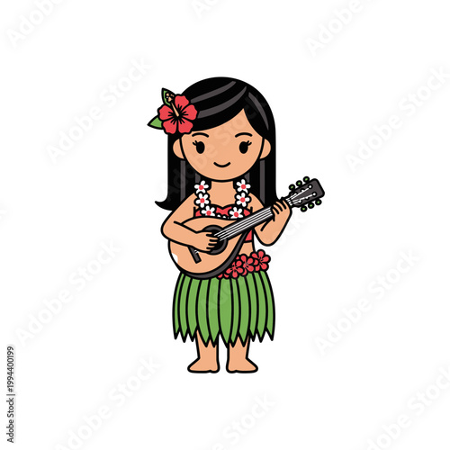 Cute Hawaiian girl playing ukulele with flower lei and grass skirt 1.
