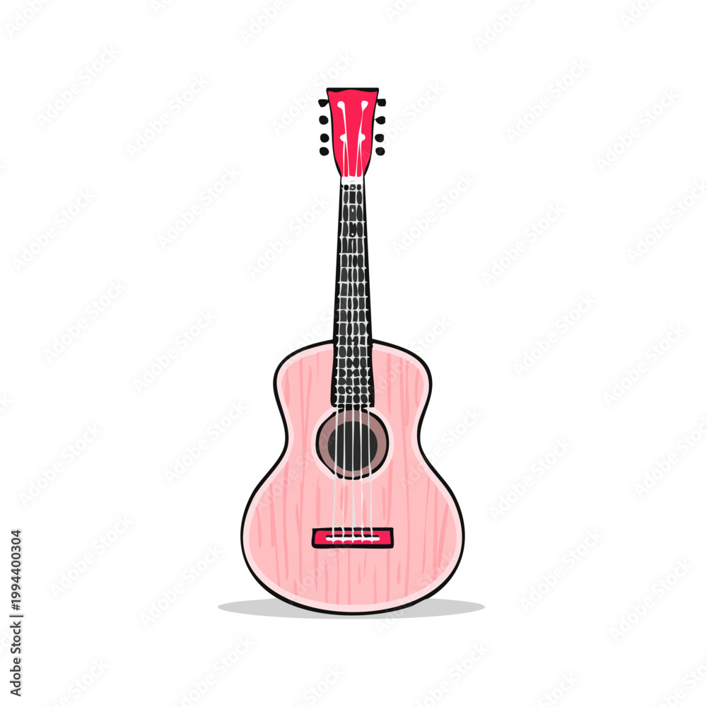 Obraz premium Vibrant pink acoustic guitar with six strings and wooden texture detail, front view