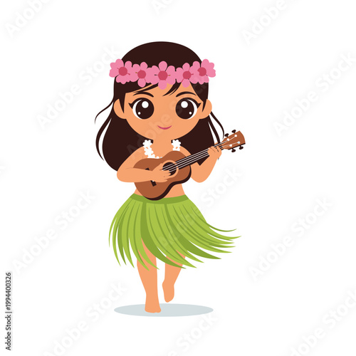 Cute Hula Dancer Girl Playing Ukulele with Flower Lei.