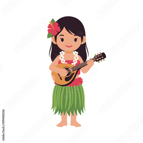 Hawaiian Girl Playing Ukulele with Flower Lei and Grass Skirt.