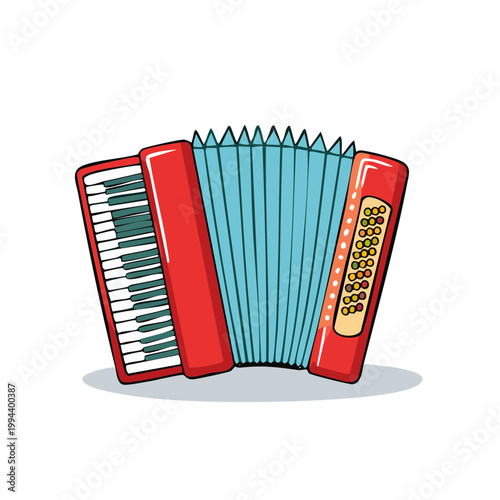 Bright red accordion with blue bellows and black and white keys, musical instrument.