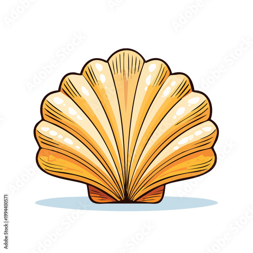 Detailed Illustration of a Golden Scallop Shell with Radial Ribbing and Highlighted Curves