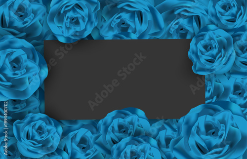 青いバラがフレーム状に配置され中央にコピー用スペースを確保した幻想的でエレガントなフラワー背景デザイン素材