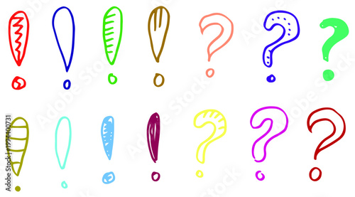 手描き風の感情を表現するビックリマークとクエスチョンマークの多彩なバリエーション素材セット
