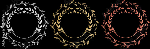黒背景に映える金銀銅の月桂樹フレームと星装飾が高級感を演出する表彰・認定デザイン素材セット