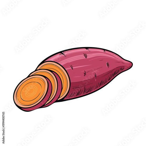 A whole sweet potato sliced into segments showing its bright orange flesh and purple skin