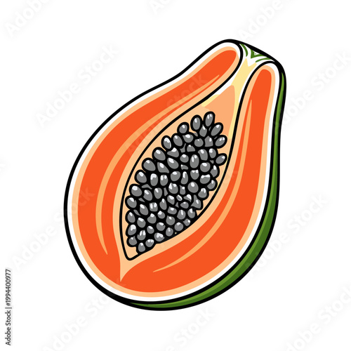 Vibrant sliced papaya with bright orange flesh and dark seeds isolated on white