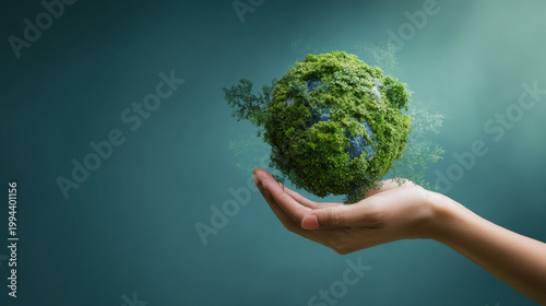 Hand of human holding green earth with the icon of Environment for ESG, co2, and net zero.World sustainable environment, save clean planet, Earth day and Ecology concept.