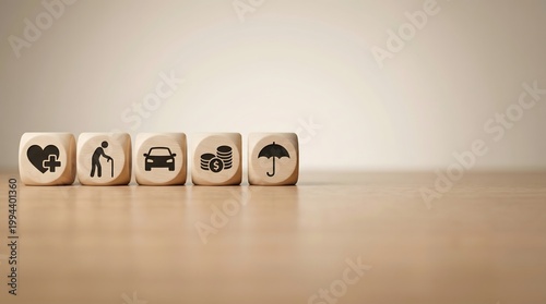 Symmetry-focused composition of wooden cubes with financial icons representing life insurance and retirement strategies arranged on a natural table with soft bokeh background.