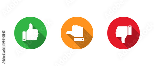Like, neutral, and dislike icon with long shadow. Thumbs up, sideways, and down symbol