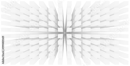 白い立体キューブが放射状に広がるミニマルでクリーンな幾何学抽象背景・建築やビジネスデザインに適したモダン構成