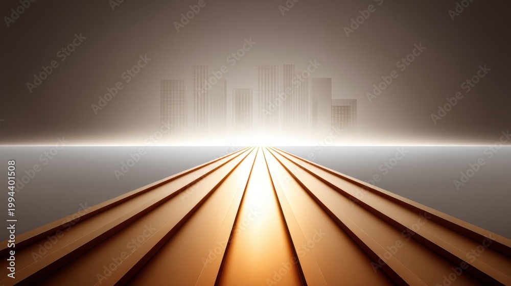 Obraz premium Abstract urban landscape with glowing horizon and geometric lines extending towards modern skyscrapers in a soft, muted ambient light