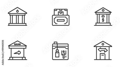 Bank Icon Set: A collection of simple, black and white outline icons representing various aspects of the financial industry. Includes icons for a classic building and ATM. 