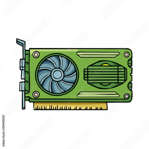 Green computer graphics card with fan and cooling fins detailed illustration