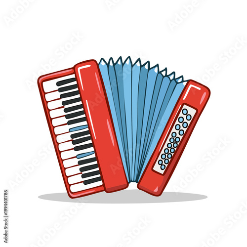 Vibrant red accordion with blue bellows and black and white keyboard keys