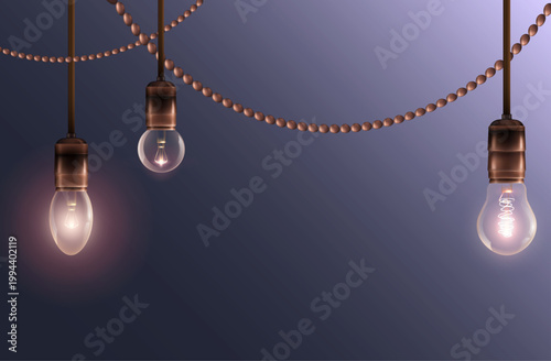 温かみのあるアンティーク電球とガーランドライトが柔らかく輝く夜の空間演出バナー背景イラスト